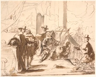 Five Gentlemen on a Terrace; a Servant Bringing an Agave