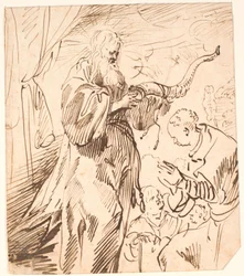 Holy Man with Horn in Hand, Surrounded by Three People