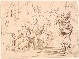 Gentleman and Lady Sitting on a Terrace; from the Right Approaches a Man and in the Air Four Genii Hover