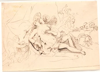Resting Venus Figure, Surrounded by Six Putti Playing with Sword, Arrow, and Heart