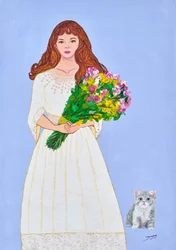 Girl With Flowers And Kitten