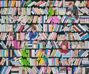 Readers in Patterned Bookshelves
