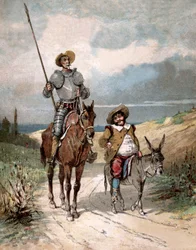 Don Quixote and Sancho Panza, illustration of book by Miguel de Cervantes "Histoire de Don Quichotte", engraving after Jules David