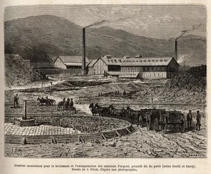 Mexican arastras (area trampled by the feet of the mules, as for the treading of the bles) for the grinding and amalgamation of silver ores (Gould and Curry factories) in the vicinity of Virginia City (Nevada), engraving after J.Ferat