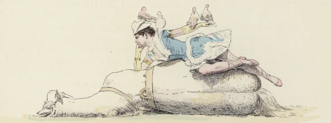 Circus performer, lying on a horse, with doves on her arm and head