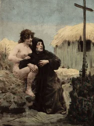 A Hermit of Thebaide and a Woman in Front of a Cross. Pantagruel. Illustration by Jules Garnier. In 