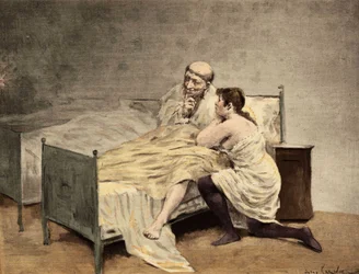 A Young Girl Confessing to Brother Royddimet, Sitting in Her Bed. Pantagruel. Illustration by Jules Garnier. In 