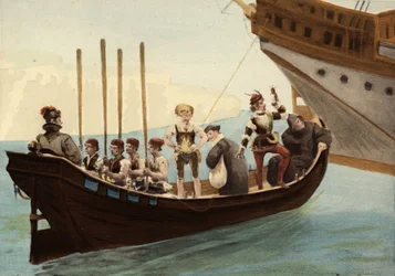 Boat in the Port of Papimania Island. Pantagruel. Illustration by Jules Garnier. In 
