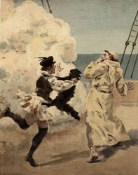 Brother Jean Frightened by the Cat Rodilardus. Pantagruel. Illustration by Jules Garnier. In 