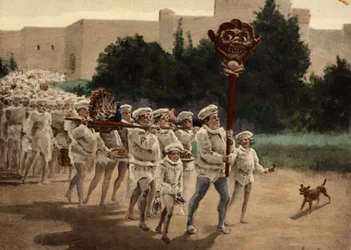 Gastrolaters Advancing Towards Their God Gaster. Pantagruel. Illustration by Jules Garnier. In 