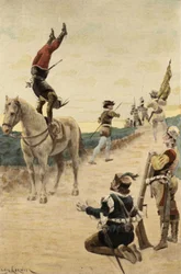 Gymnast executing cabrioles on his horse. Illustration by Jules Garnier. In 