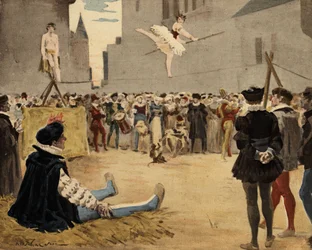 Musicians and Funambles Performing in the Street Under the Gaze of Gargantua, illustration by Jules Garnier