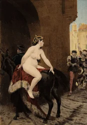 The Wife of the Emperor of Milan, Frederic Barbarossa, Hunted Out of the City by the Milanese. She Rides the Thacor Mule. Pantagruel. Illustration by Jules Garnier. In 