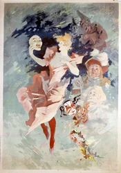 Carnival poster by Jules Cheret: woman with mask, B.N. Paris. 19th century.