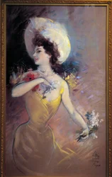 Young Woman with Hat and Bouquet of Flowers