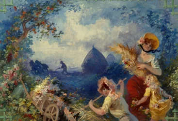 The Earth Allegory Representing Young Women Holding Wheat Sheaves Against a Background of Harvest. Cartoon for Tapestry by Jules Cheret (1836-1932) 20th Century Nice, Musee Cheret