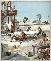In an inn, Sancho Panza is manhandled, he