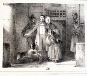 Man leaving prison and reunited with his family, c. 1830