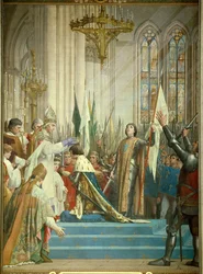 King Charles VII (1403-1461) received the crown in the Cathedral of Reims on 17/07/1429 in the presence of Joan of Arc (1412-1431)