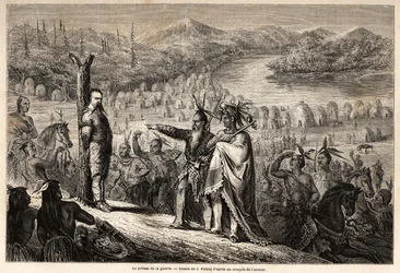 The war pole, the Baron of Wogan captured by the Indians of the Timpabaches tribe, is located on the banks of the San Juan, river arm of the Rio Grande, drawing by Jules Pelcoq, to illustrate the story of the Baron de Wogan