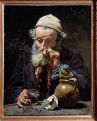 The Drinker. An old man smoking a pipe and drinking a glass of wine. Painting by Jules Rousset (1840-?), 19th century, Orléans, Museum of Fine Arts