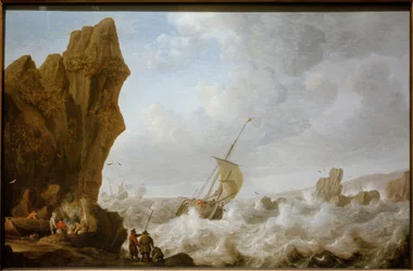 Fishing Boat in Stormy Sea off a Rocky Coast