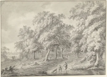 Landscape with Mother and Child with Dog Wading Through a Pool