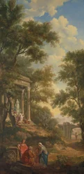 Arcadian Landscape with a Temple on the Left and an Old Man Sitting in the Foreground