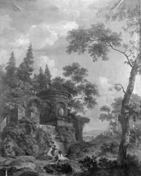 Wall hanging with Arcadian landscape, belonging to the hall of Herengracht 40