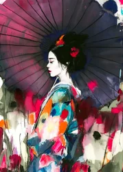 Vibrant Geisha Umbrella Portrait