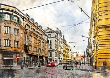Watercolor European Tram Street