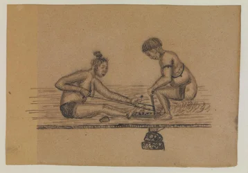 Illustration for an Inuit legend (two naked persons making fire)