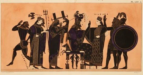 Print of the Decoration on a Greek Amphora, Showing Hephaestus, Hera, Poseidon, Apollo, Zeus, Athena, Eileithyia, Heracles and Ares, c. 1844