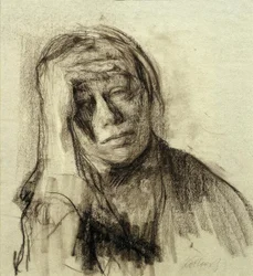Self-portrait with the right arm propped up, the hand on the forehead