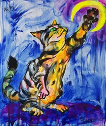 Colorful Cat Reaching Moon