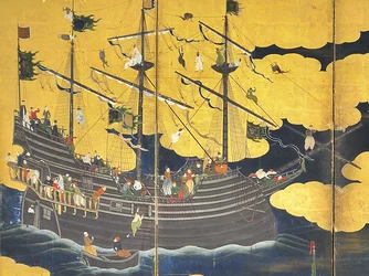 (Detail) The Southern Barbarians Come to Trade, Pair of Six-Panel Screens, Early 17th Century