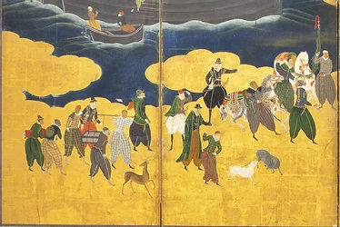 (Detail) of the Southern Barbarians Come to Trade, Pair of Six-Panel Screens