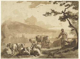 Mountain Landscape with Shepherds and Their Flock of Sheep and Cows