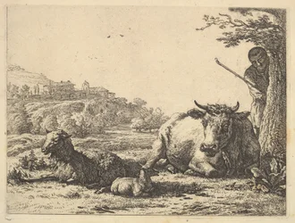 Cow, Adult Sheep, and Young Sheep Lying in the Grass, with a Shepherd