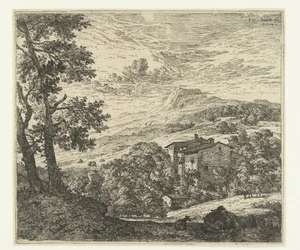 Hilly Landscape with Houses, Donkey, and Two Sheep