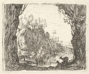 Landscape Flanked by Trees with Silhouettes of Two Goats