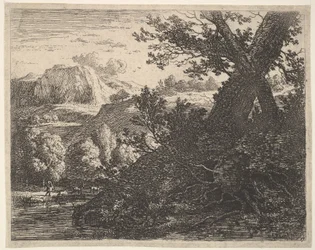 Tree with roots laid bare alongside a stream, a hilly landscape and a man walking behind, 1659