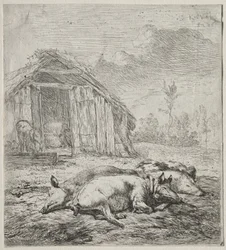 Three Swine Lying in Front of a Sty