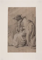 Thoughtful Young Man Sitting with Hand Under Chin. Cloak and Fur Hat