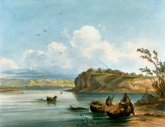 Mandan Native American women crossing Missouri River on boats made of buffalo hide