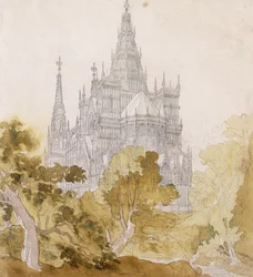 A Gothic Cathedral near Trees
