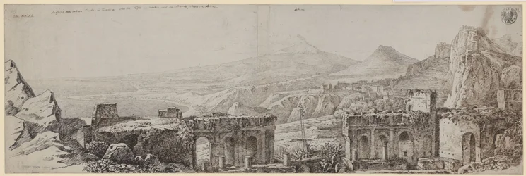“View from the Ancient Theatre in Taormina across the Coast of Catania and Monte Gibello or Etna”