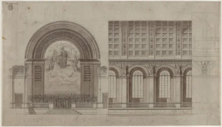 Berlin, Unter den Linden. Design for a Hall for the Sing-Akademie in the Rear Wing of the Academy of Arts. Cross-Section and Longitudinal Section