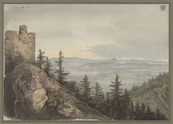 View from the Ruins of Geiersburg over the Plain of Teplitz with the Monastery of Maria Schein, the Bohemian Mountains in the Background