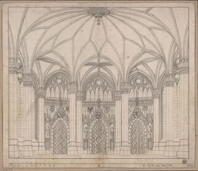 Decoration for General Use. Gothic Room with Three Doors and Wide Windows